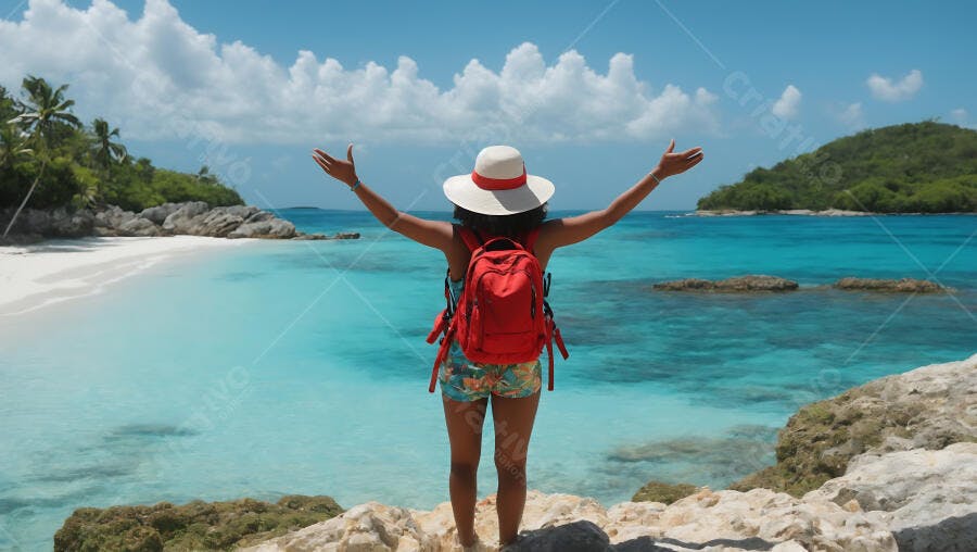 Mulher de chapéu e mochila vermelha em praia tropical azul turquesa