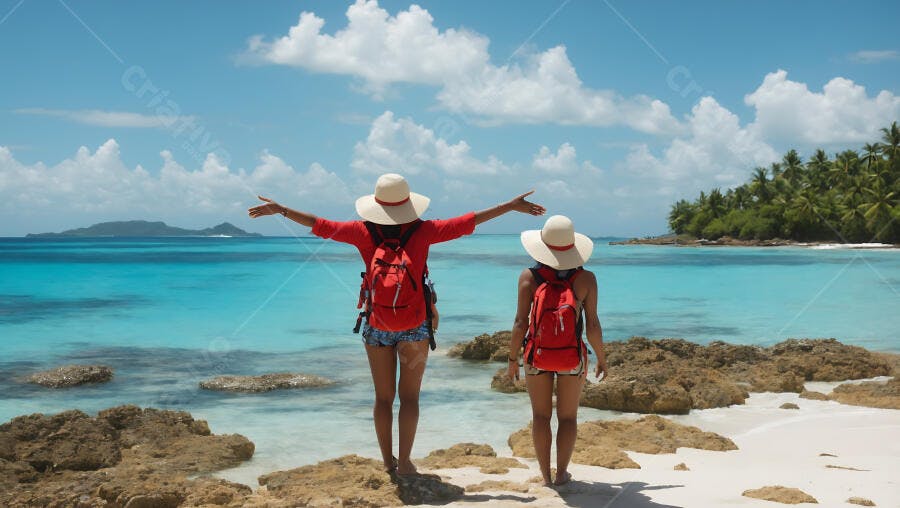 Duas mulheres viajantes de chapéu em praia tropical com mar azul turquesa