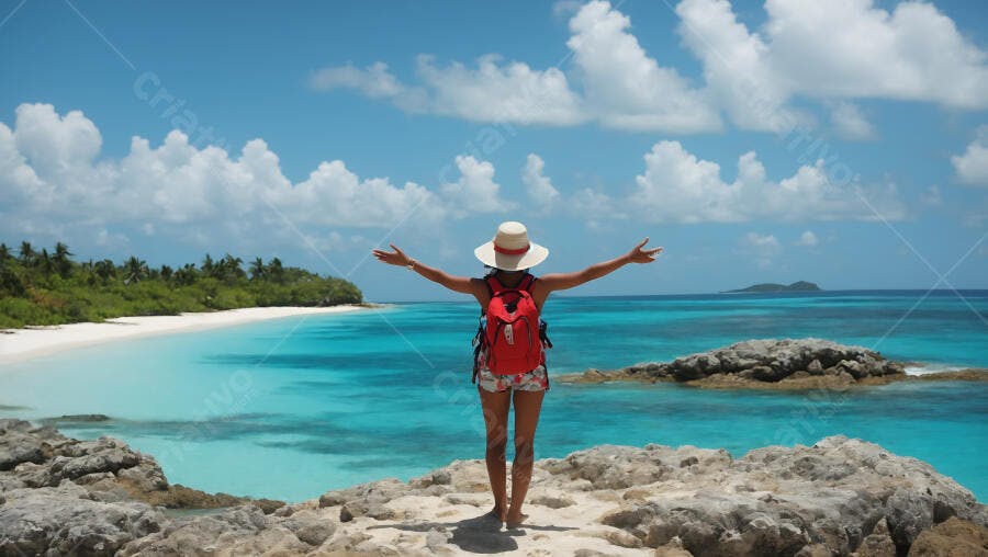 Mulher viajante com mochila vermelha admirando praia tropical paradisíaca
