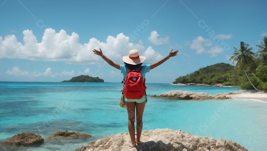 Mulher com mochila vermelha de braços abertos em praia tropical paradisíaca