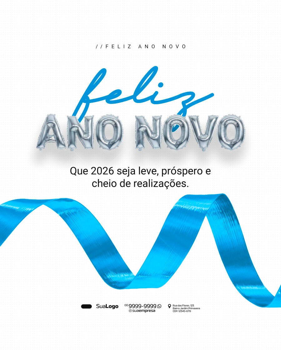 Post para Feliz Ano Novo com Balões e Fita Azul PSD Editável