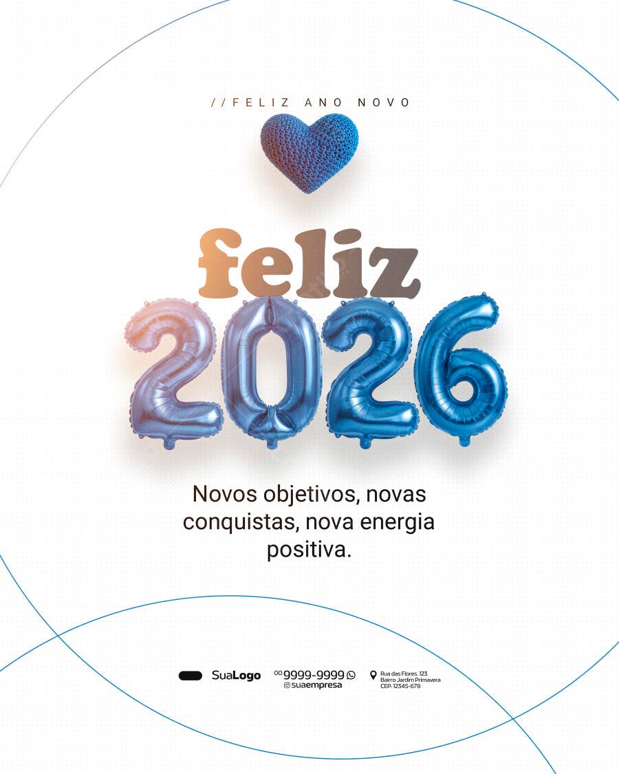 Post de Ano Novo 2026 com Coração e Balões Azuis PSD Editável