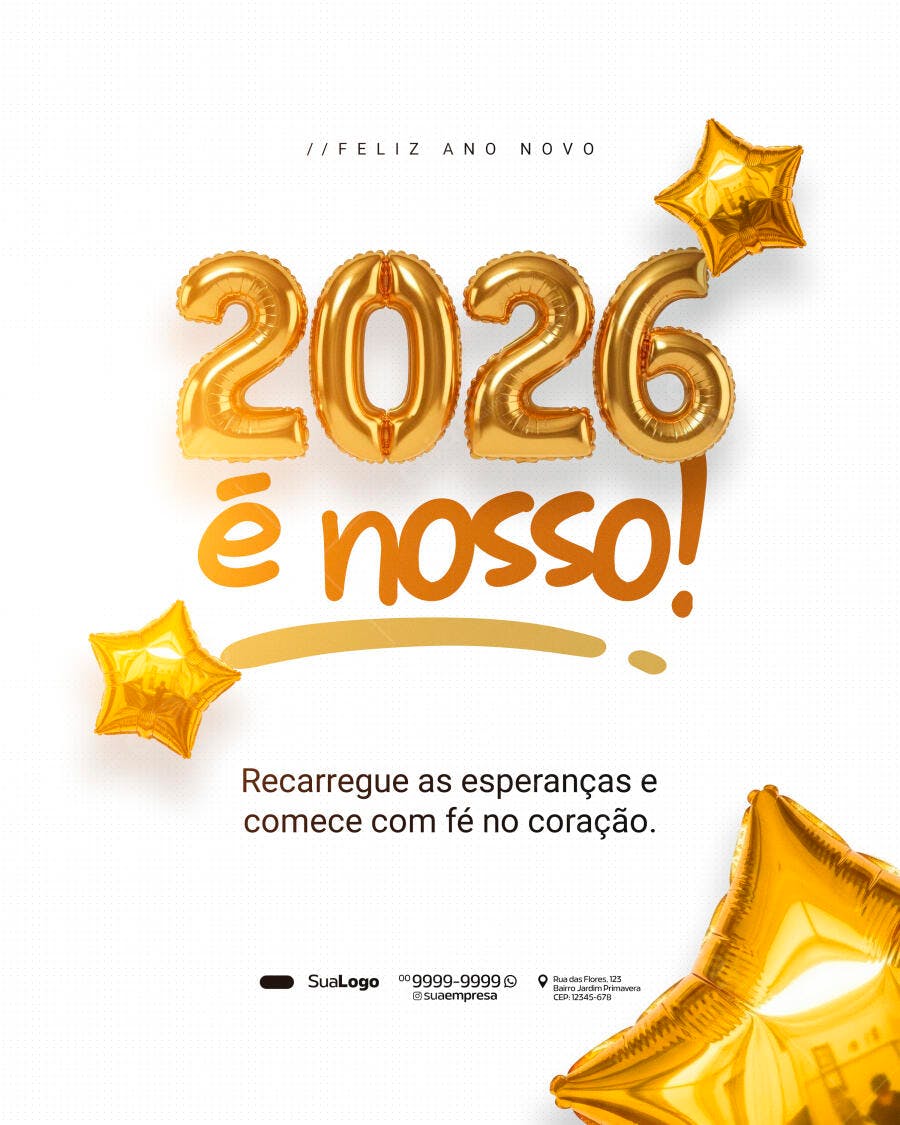 Post de Ano Novo 2026 com Balões Dourados PSD Editável