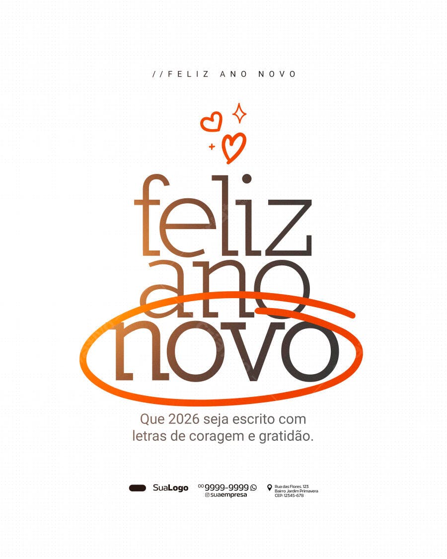 Flyer Feliz Ano Novo 2026 Corações Laranja Gradiente Psd Editável