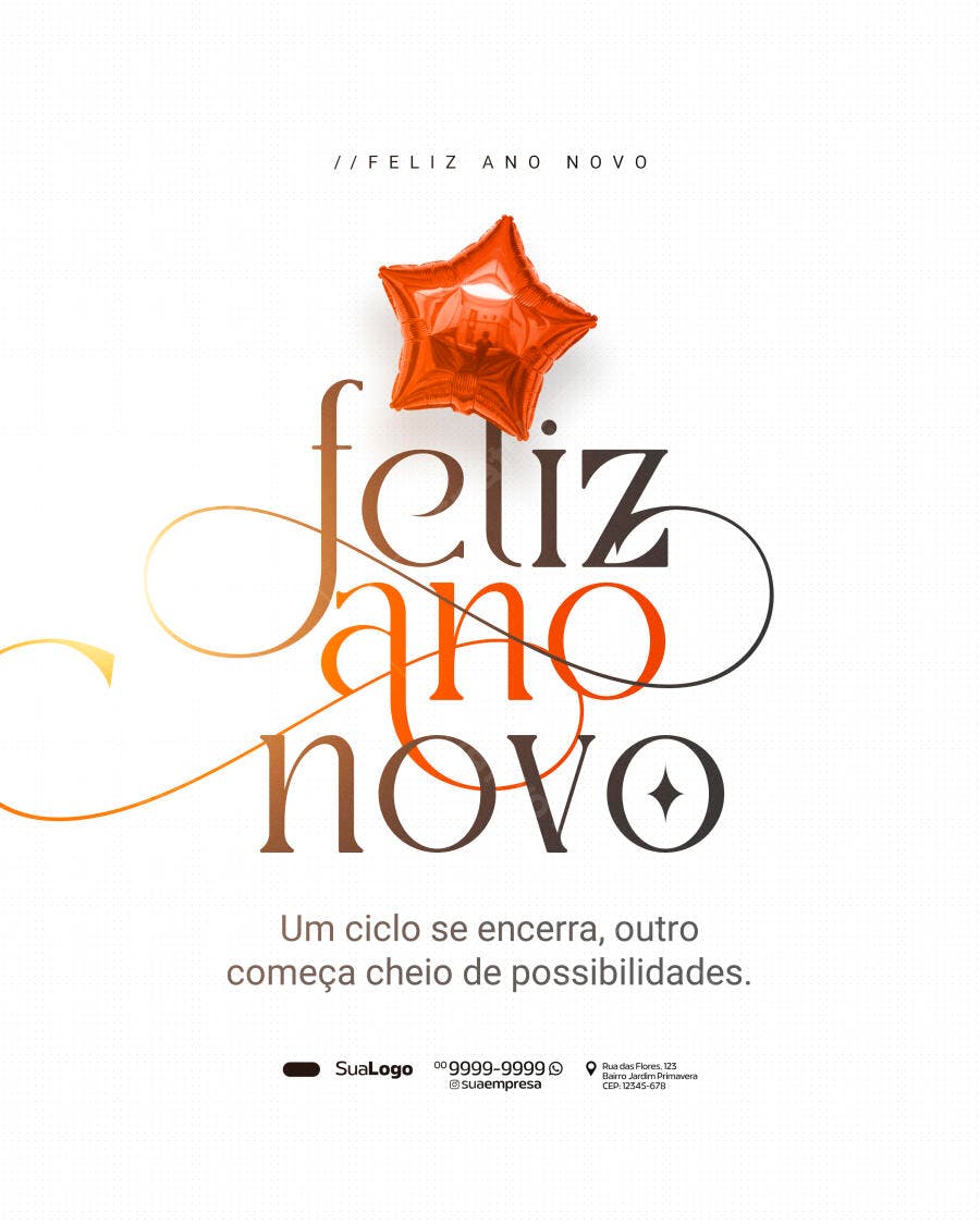 Post de Ano Novo Dourado com Balão Estrela PSD Editável