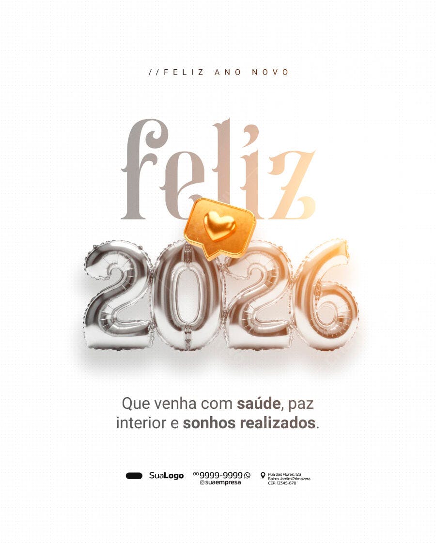 Flyer Digital Ano Novo 2026 com Balões Prateados e Coração PSD Editável