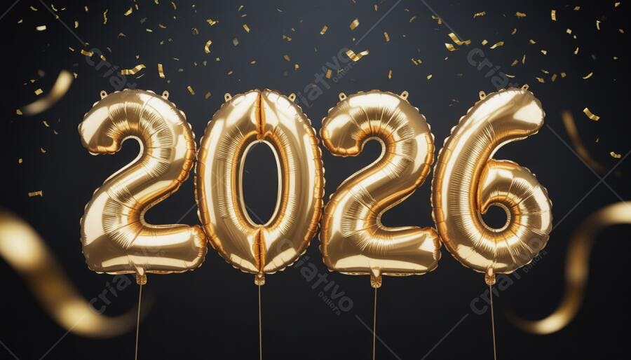 Balões dourados 2026 com confetes caindo celebração de Ano Novo
