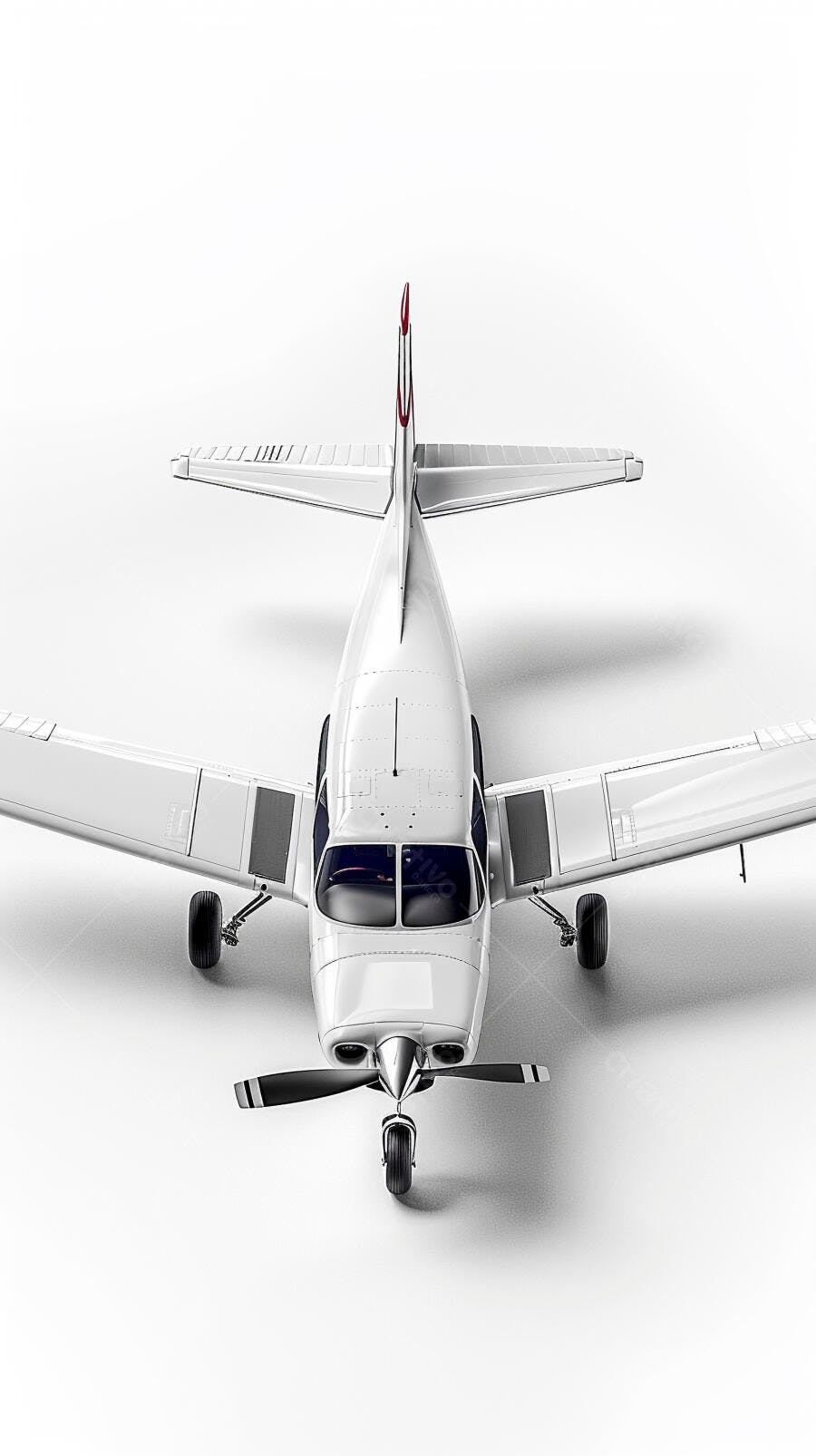 Avião monomotor branco hélice preta em estúdio fundo claro vista superior
