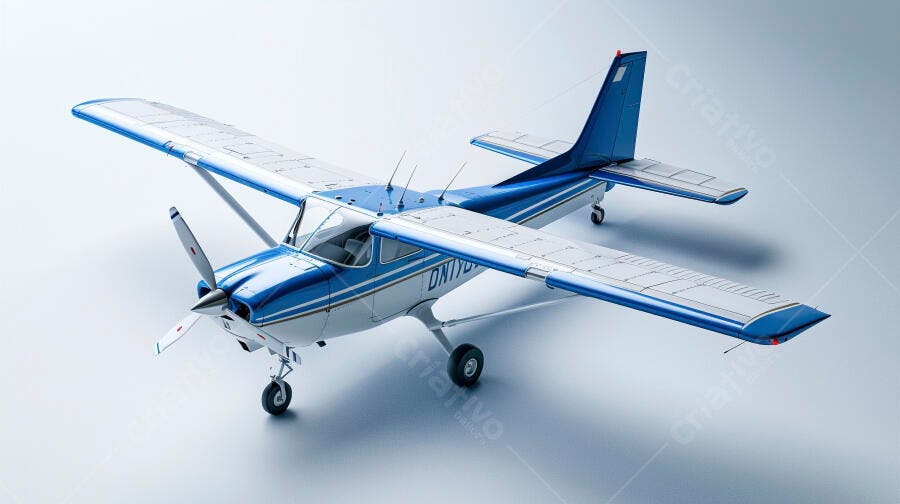 Avião monomotor branco e azul em estúdio vista superior