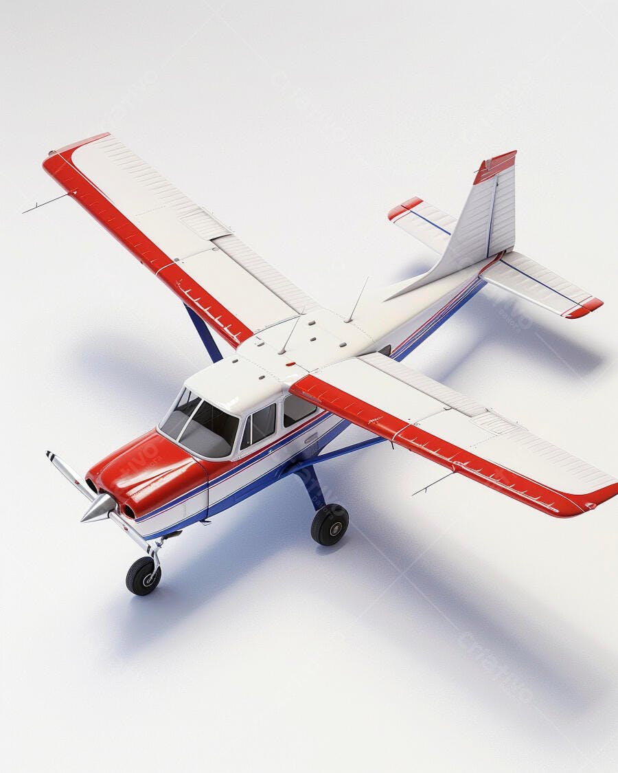 Avião monomotor modelo branco vermelho e azul em estúdio vista superior