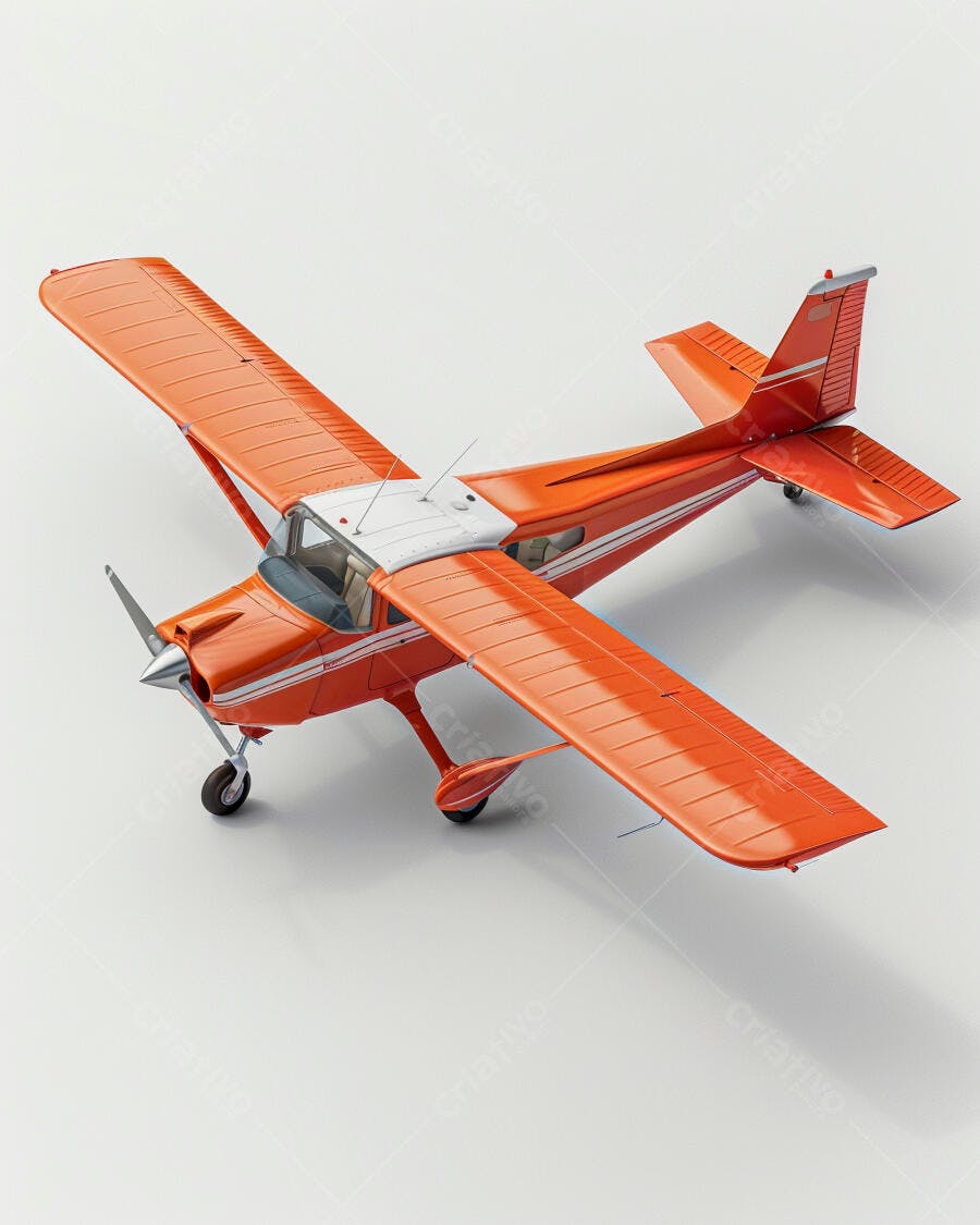 Avião monomotor laranja e branco em estúdio fundo branco