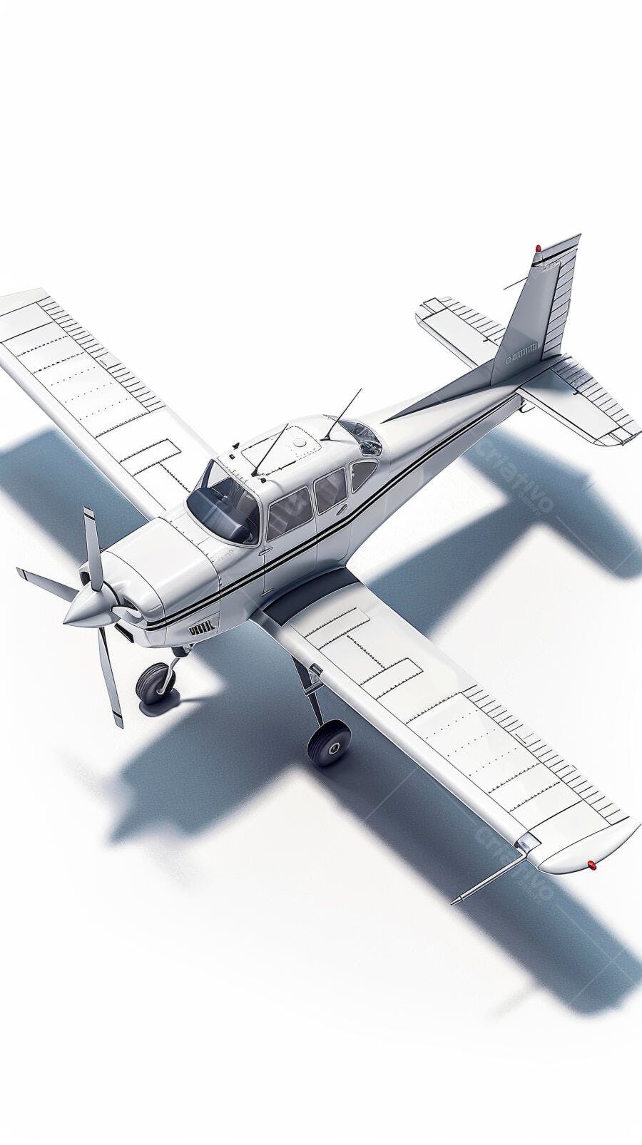 Avião monomotor branco e prata com hélice em estúdio isolado