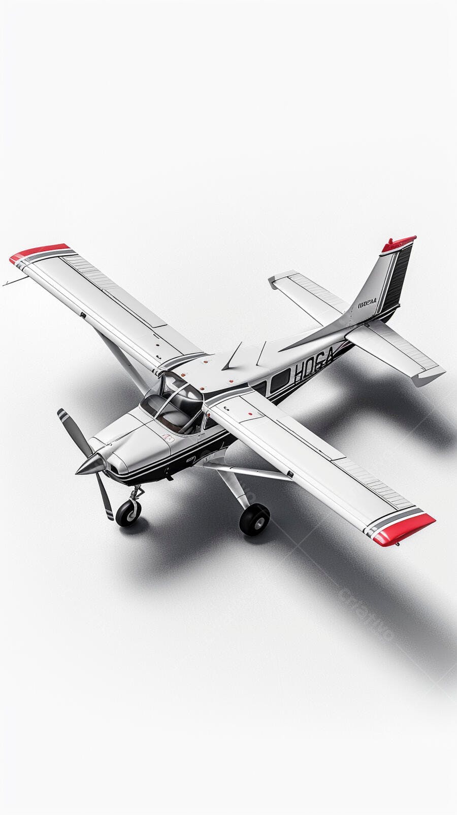 Avião modelo prateado com hélice em estúdio fundo branco
