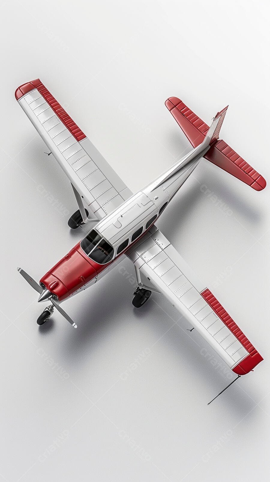 Avião monomotor prata e vermelho em estúdio vista aérea