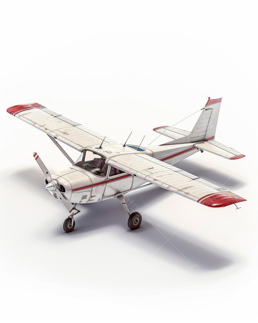 Avião monomotor branco e vermelho em fundo isolado vista frontal superior