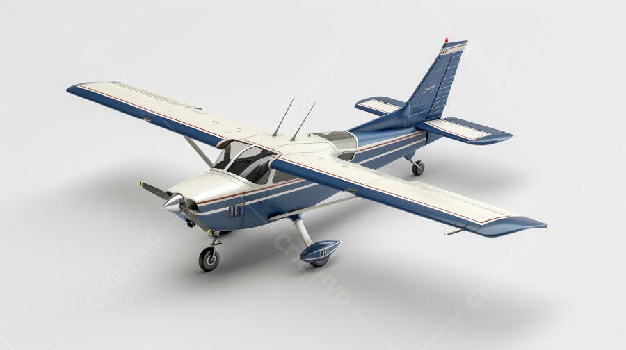 Avião monomotor azul e branco com hélice em estúdio claro