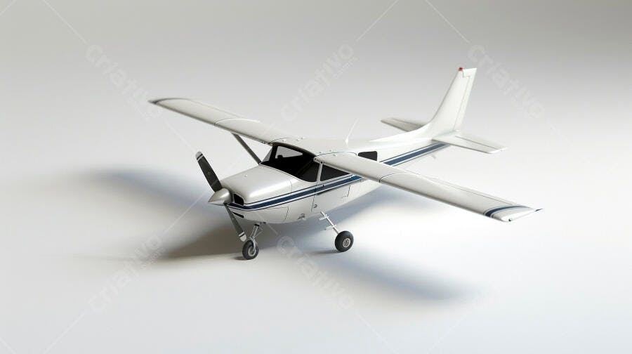 Avião monomotor branco com faixas azuis em estúdio minimalista