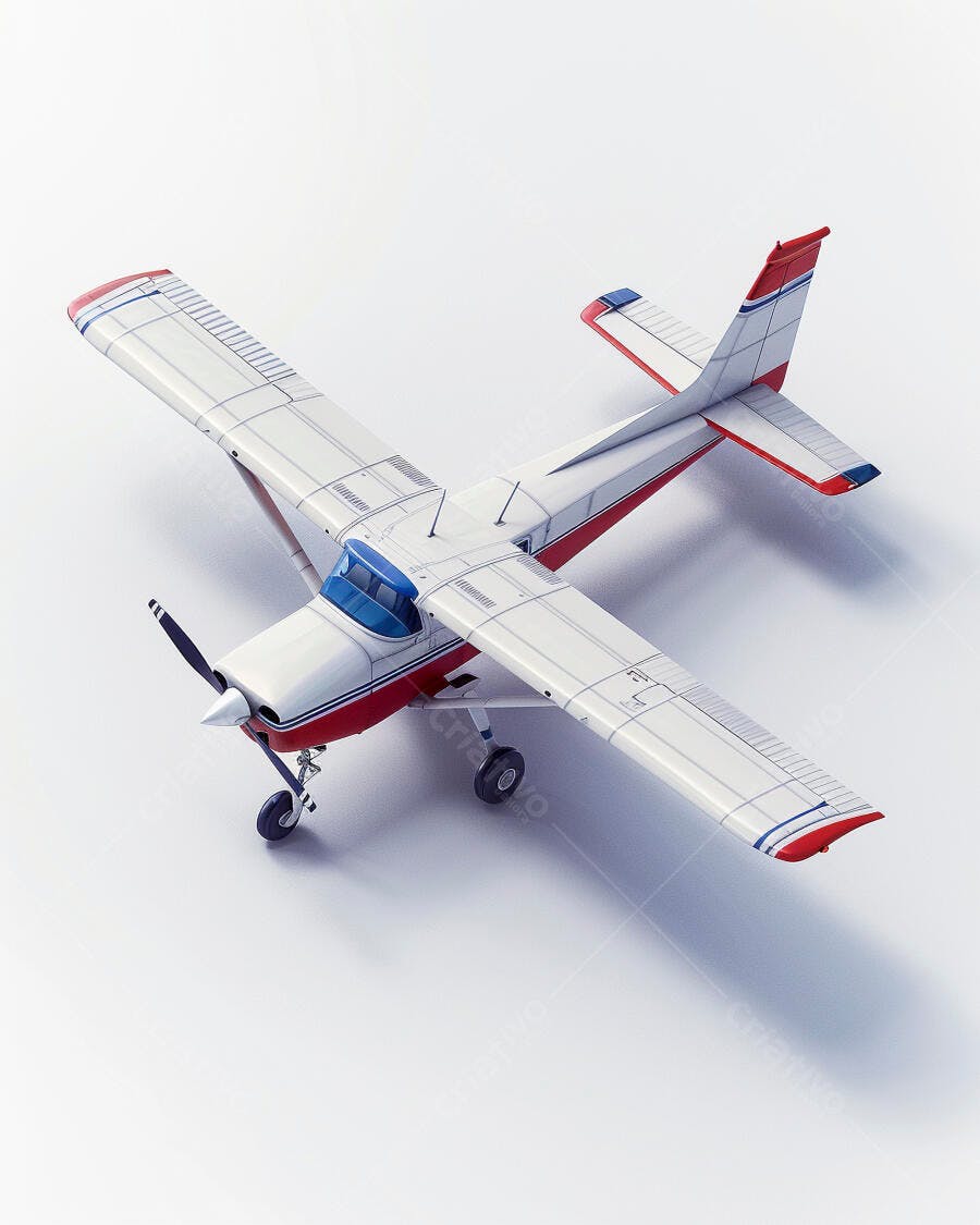 Avião monomotor branco com detalhes vermelhos e azuis em estúdio