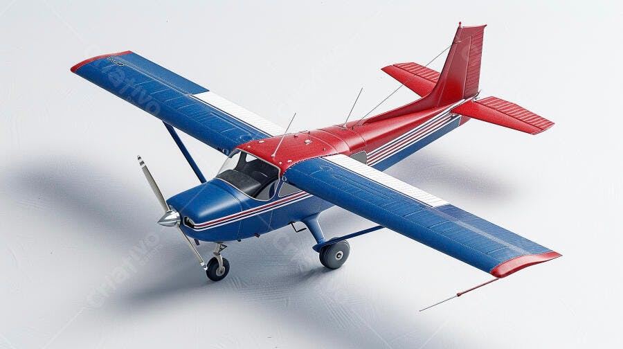 Avião modelo azul e vermelho com hélice em estúdio branco