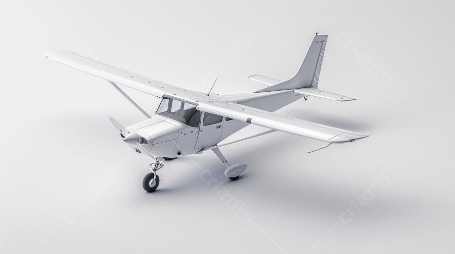 Avião monomotor branco em estúdio minimalista fundo claro