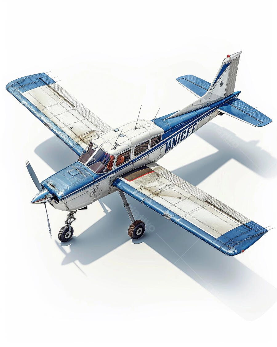 Avião monomotor azul e branco detalhado em fundo branco