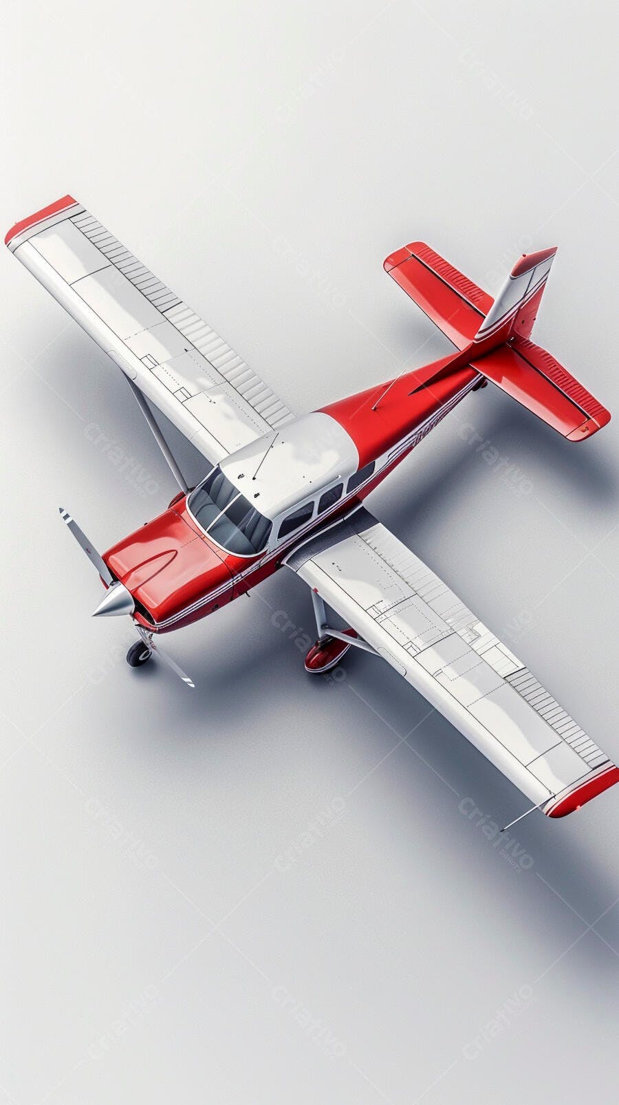 Avião monomotor vermelho e prateado em estúdio vista superior