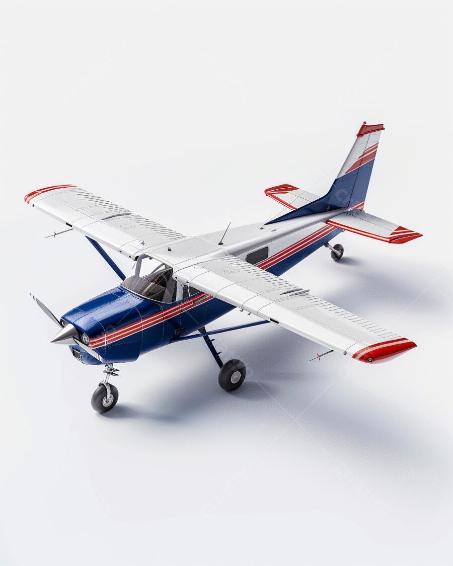 Avião monomotor azul e prata com listras vermelhas em estúdio branco