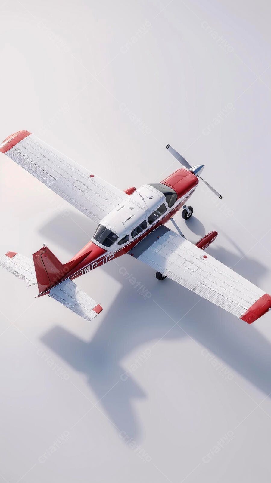 Avião monomotor vermelho e branco em estúdio minimalista