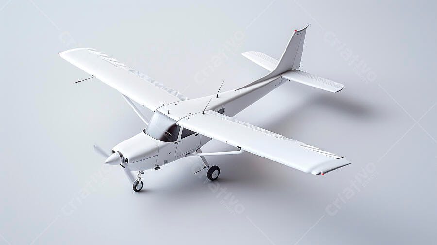 Avião monomotor branco em estúdio minimalista com hélice frontal