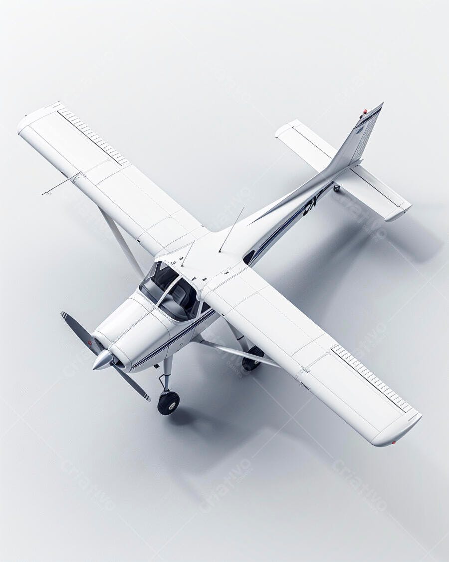 Avião monomotor branco com hélice em estúdio minimalista vista superior