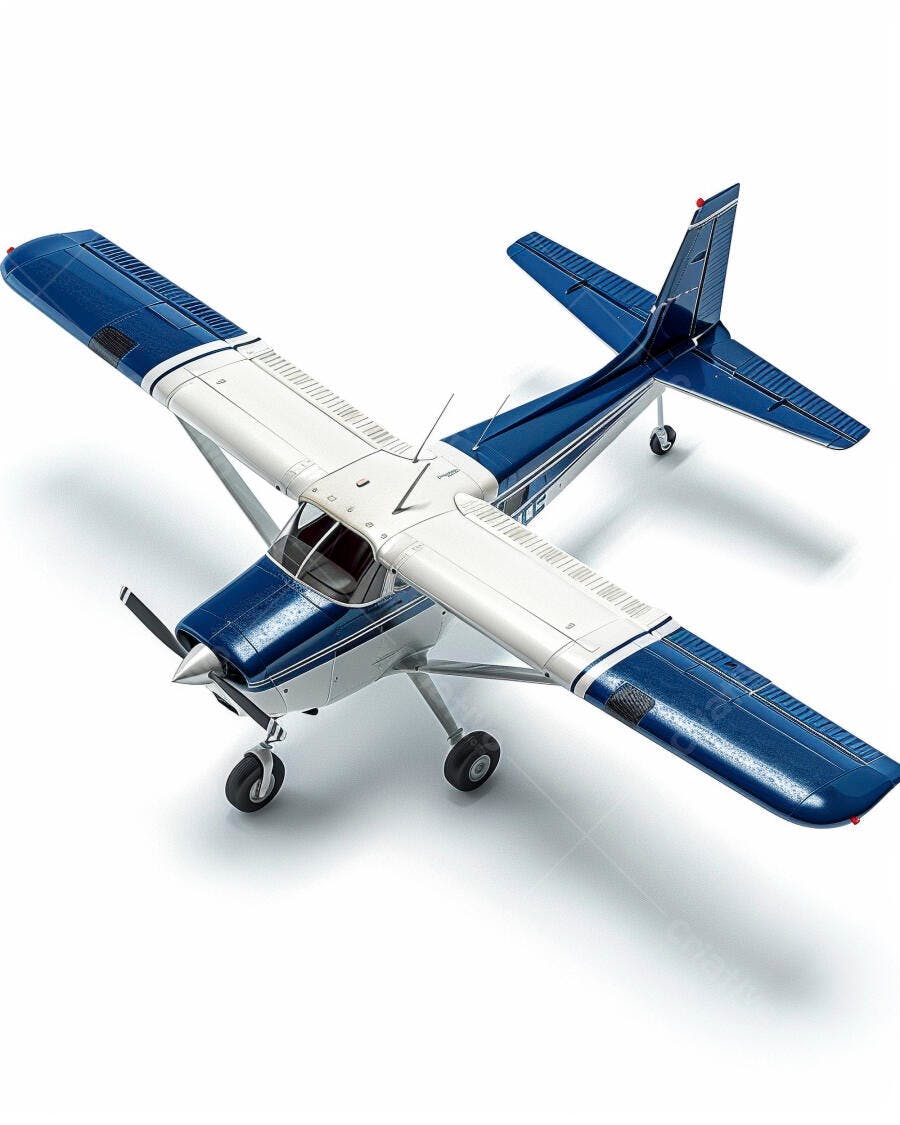Avião modelo azul e branco de hélice em estúdio