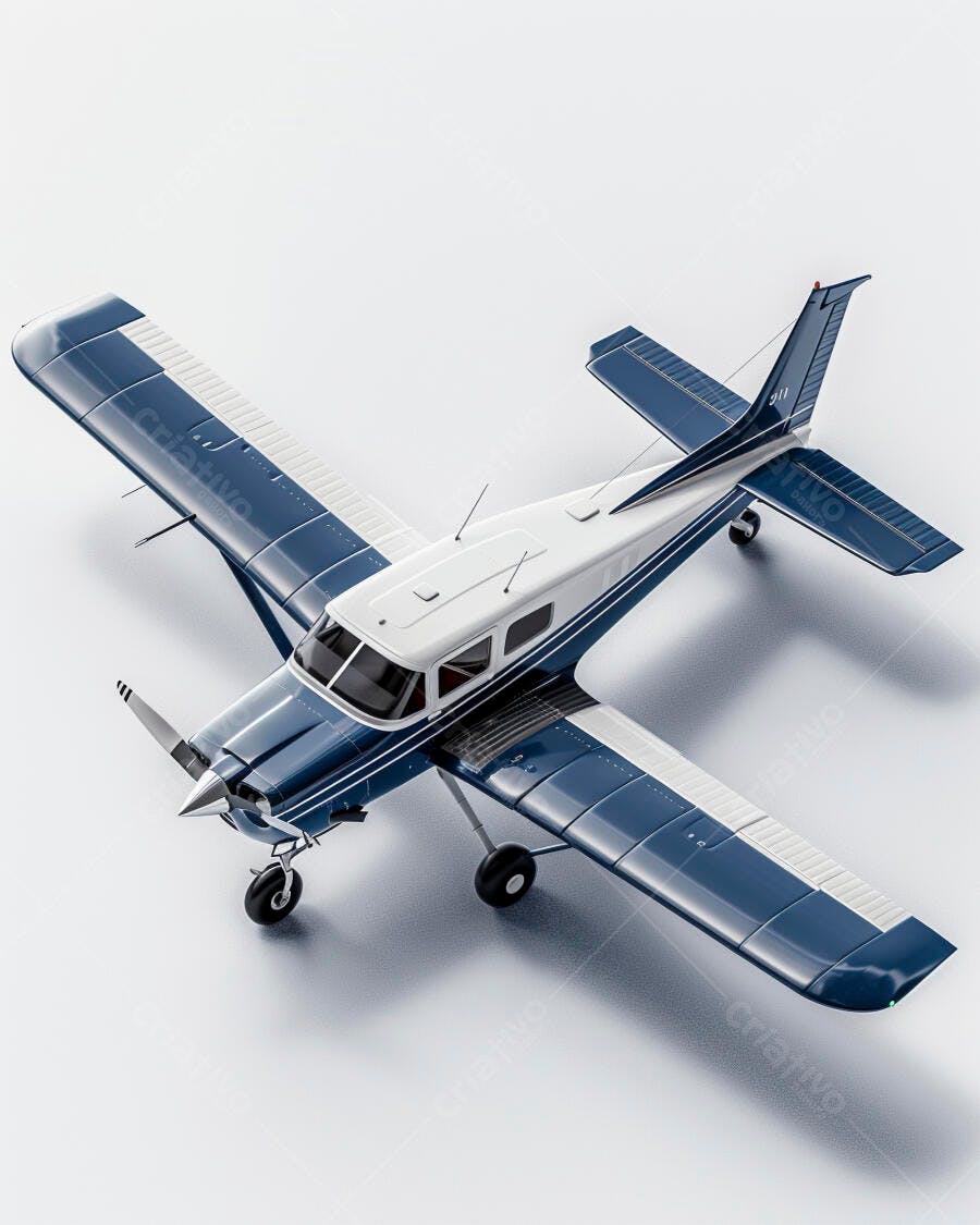 Avião monomotor azul e branco em estúdio com fundo claro