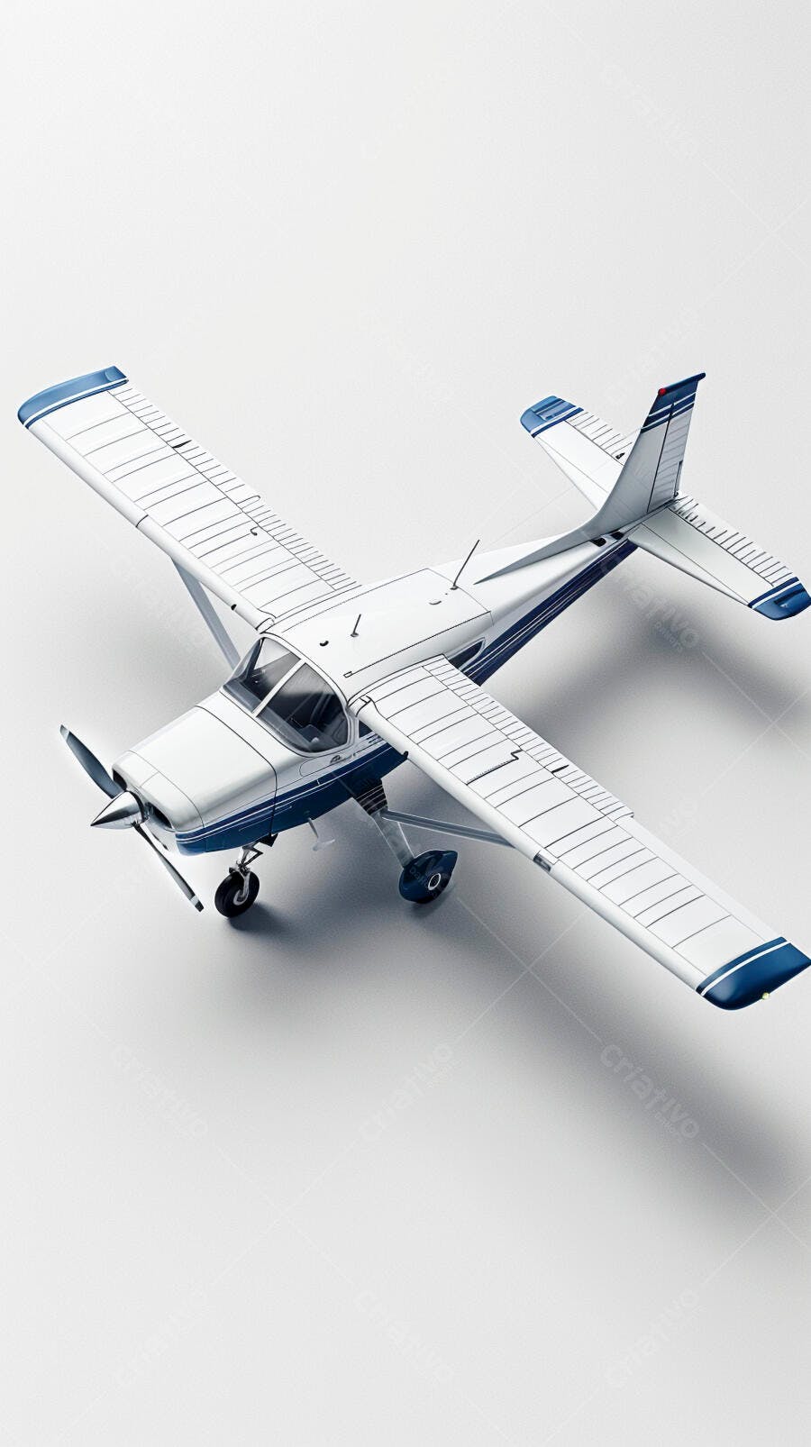 Avião monomotor branco e azul em estúdio vista superior
