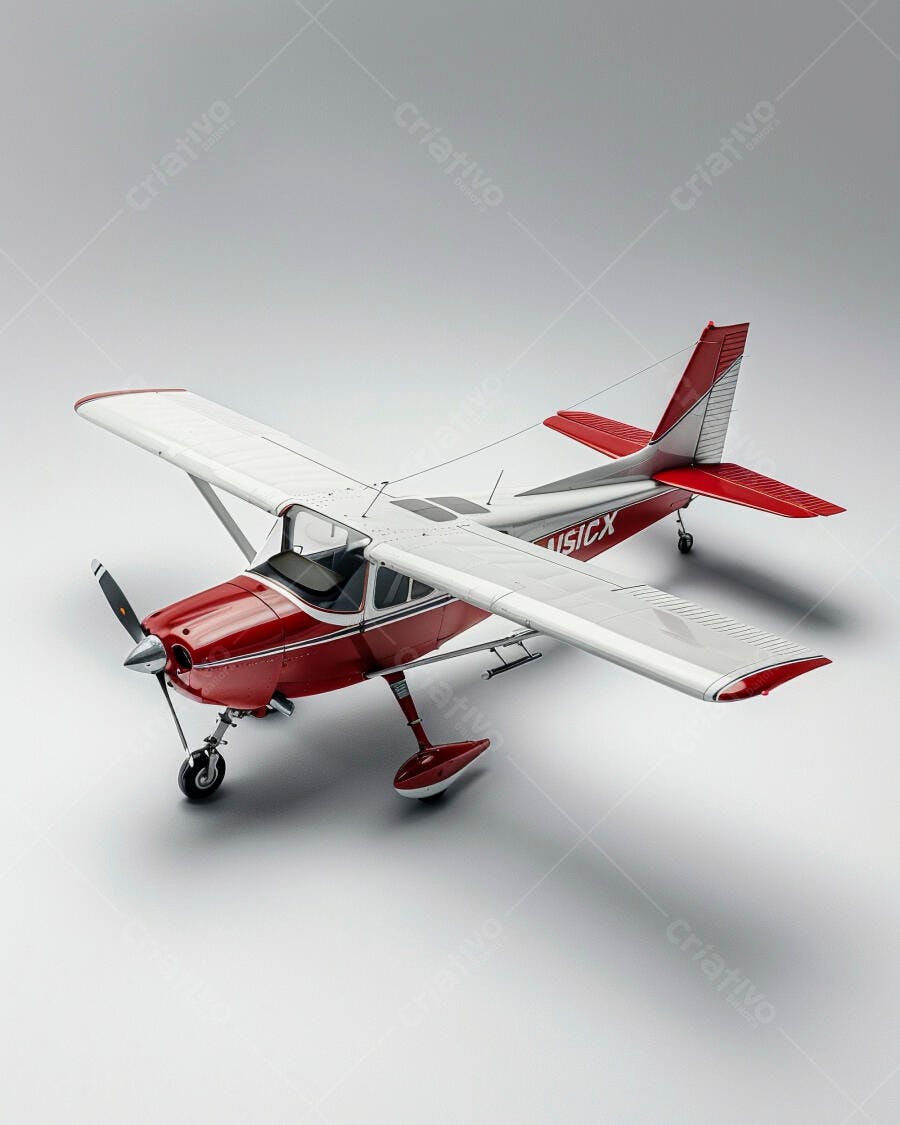 Avião monomotor vermelho e branco em estúdio fundo cinza claro