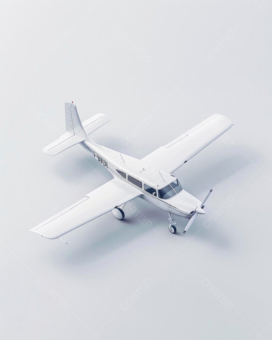 Avião monomotor branco em estúdio minimalista com sombra