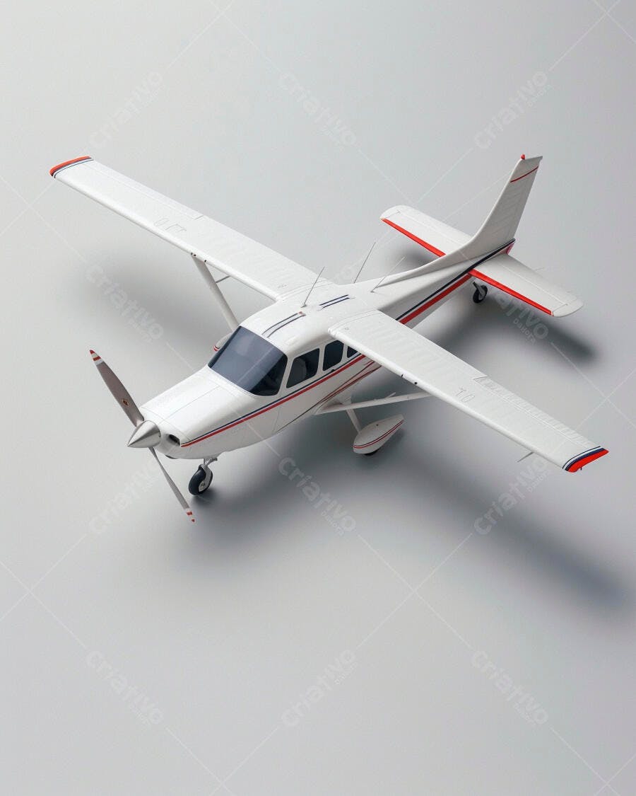 Avião monomotor branco com listras vermelhas em estúdio minimalista