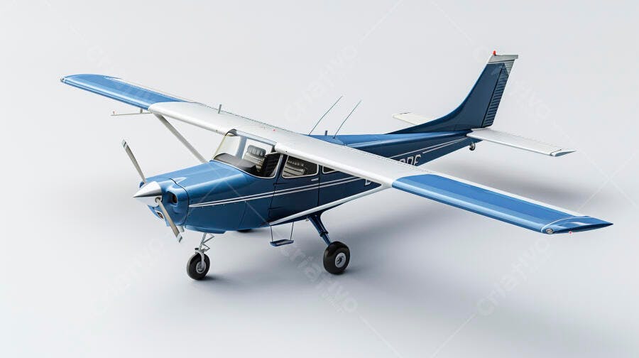 Avião monomotor azul e branco em estúdio com fundo claro