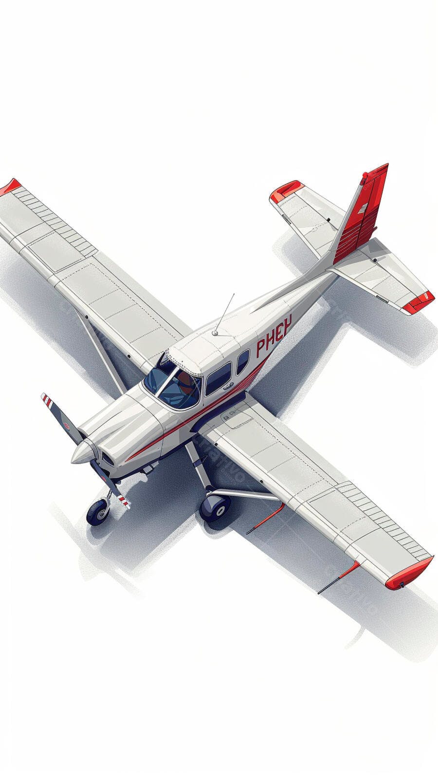 Avião monomotor branco e vermelho vista de cima em ilustração vetorial
