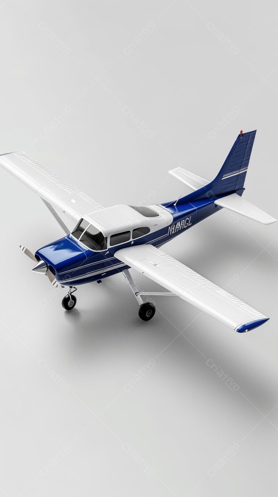 Avião monomotor azul e branco em fundo neutro