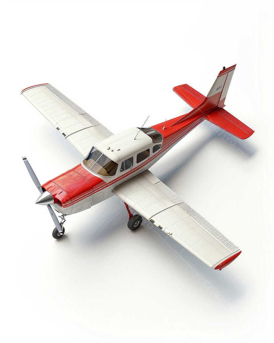 Avião monomotor vermelho e branco com hélice em fundo neutro