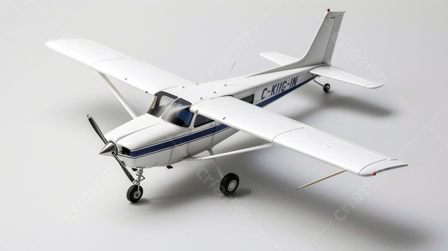 Modelo de avião branco com listras azuis em estúdio