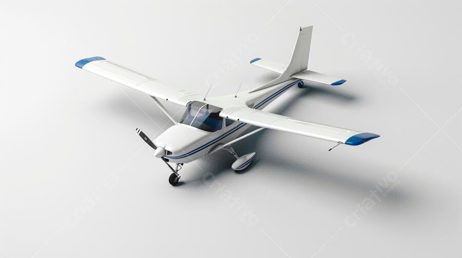 Avião monomotor branco com detalhes azuis em estúdio minimalista