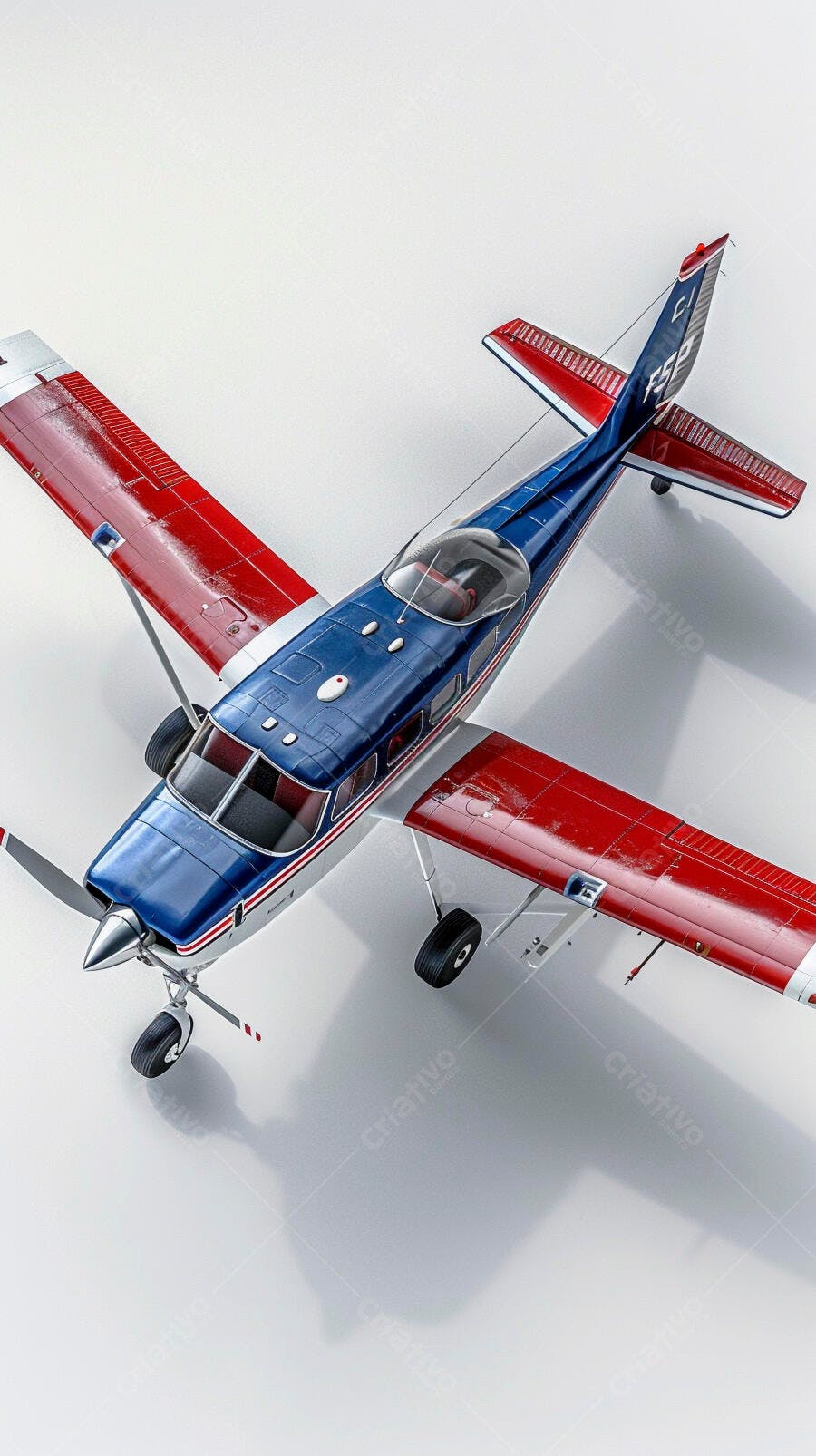 Avião monomotor azul e vermelho em estúdio branco vista superior