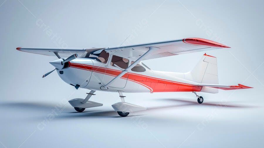 Avião monomotor branco e vermelho com hélice em fundo claro de estúdio
