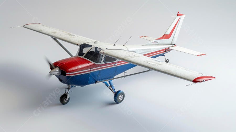 Avião monomotor modelo branco azul e vermelho em estúdio