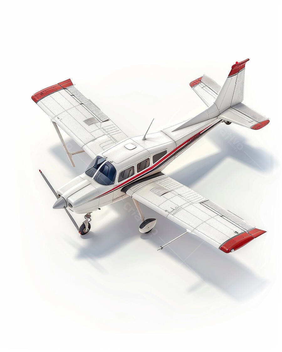 Avião pequeno monomotor branco com detalhes vermelhos em estúdio