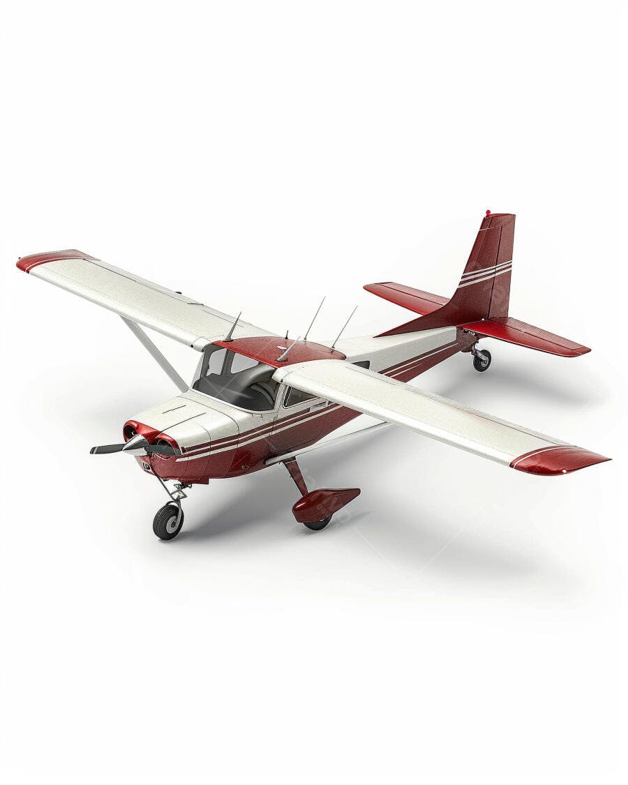 Avião monomotor de hélice branco e vermelho em estúdio isolado