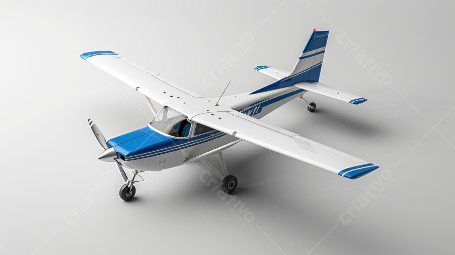 Avião monomotor branco e azul com hélice em estúdio minimalista claro
