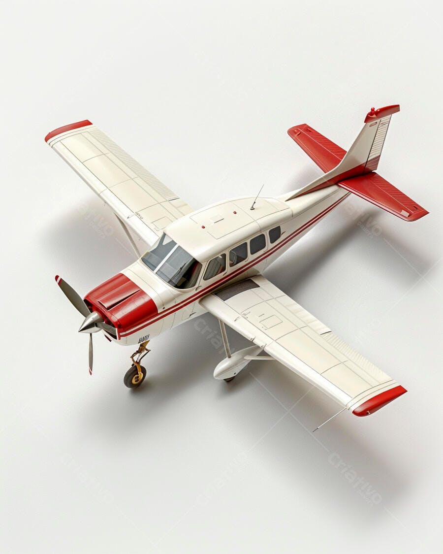 Avião monomotor modelo branco e vermelho em estúdio