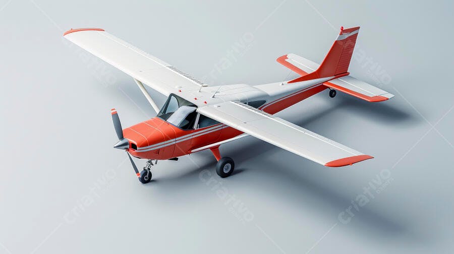 Avião monomotor laranja e branco em fundo cinza claro